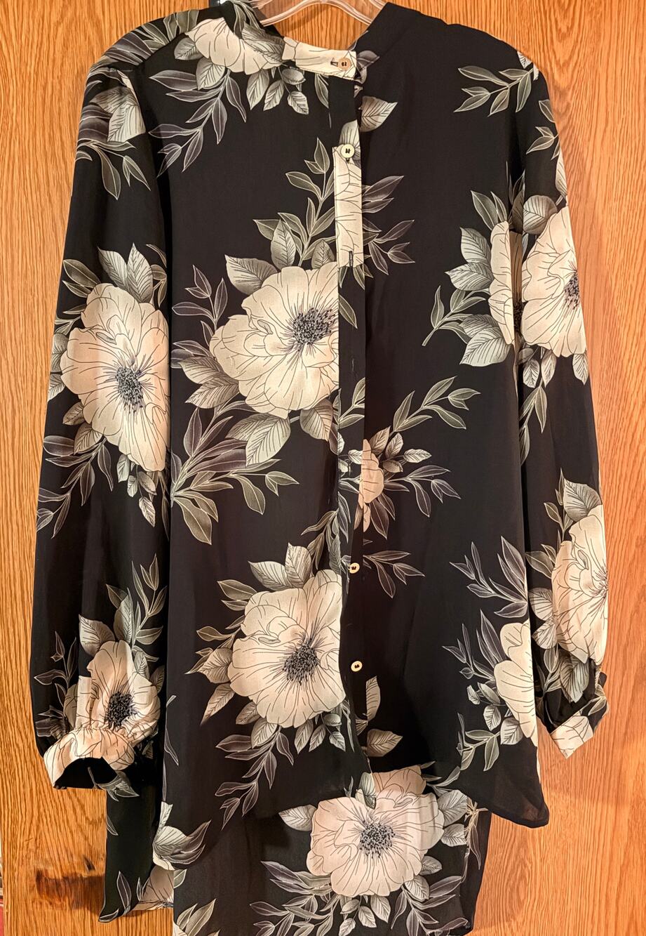 Joan Vass New York Floral Button-Down Tunic Blouse Black Cream Size L